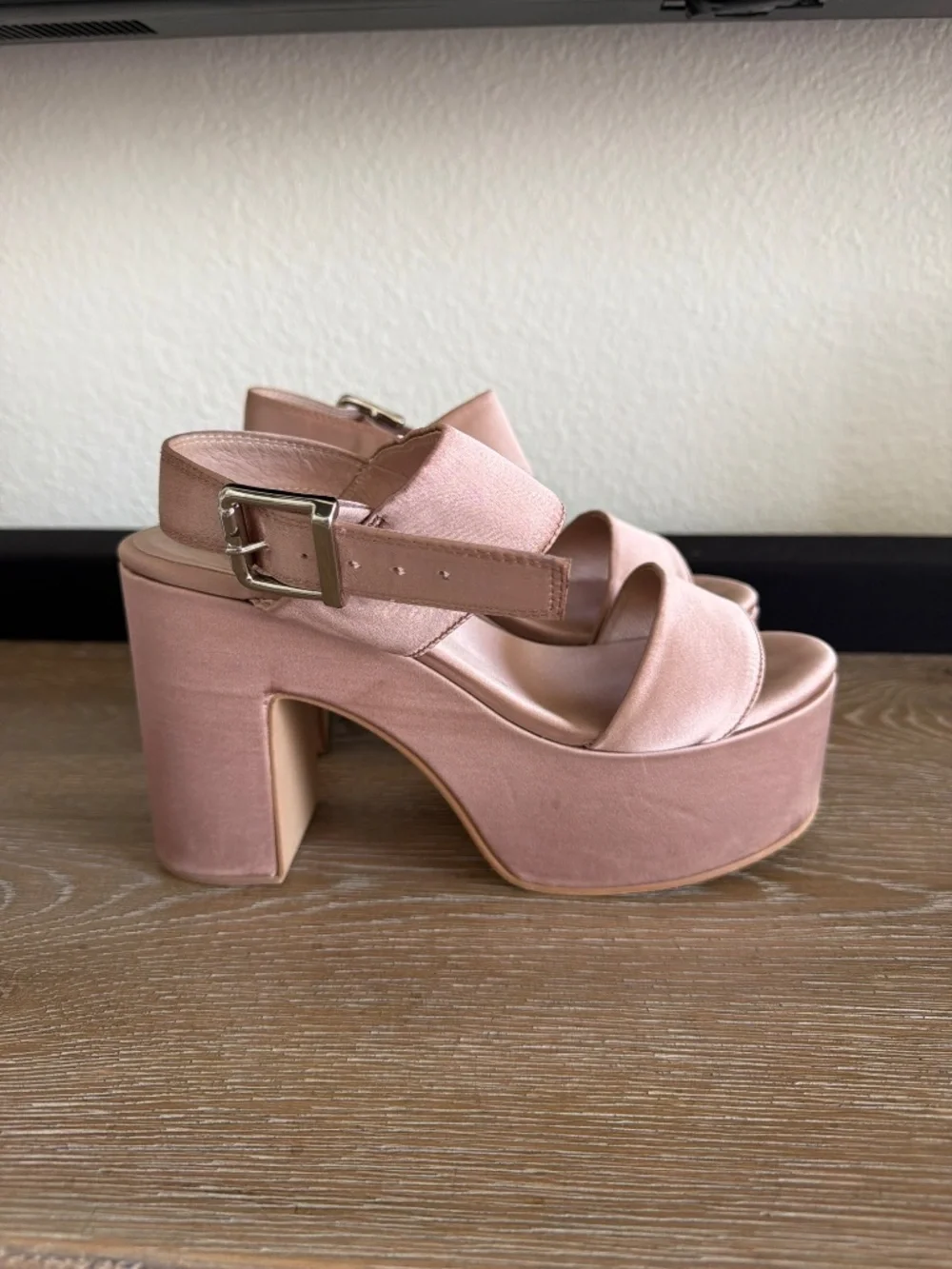 Jeffrey Campbell Moody Taupe Satin platform strap ankle heel size 8.5